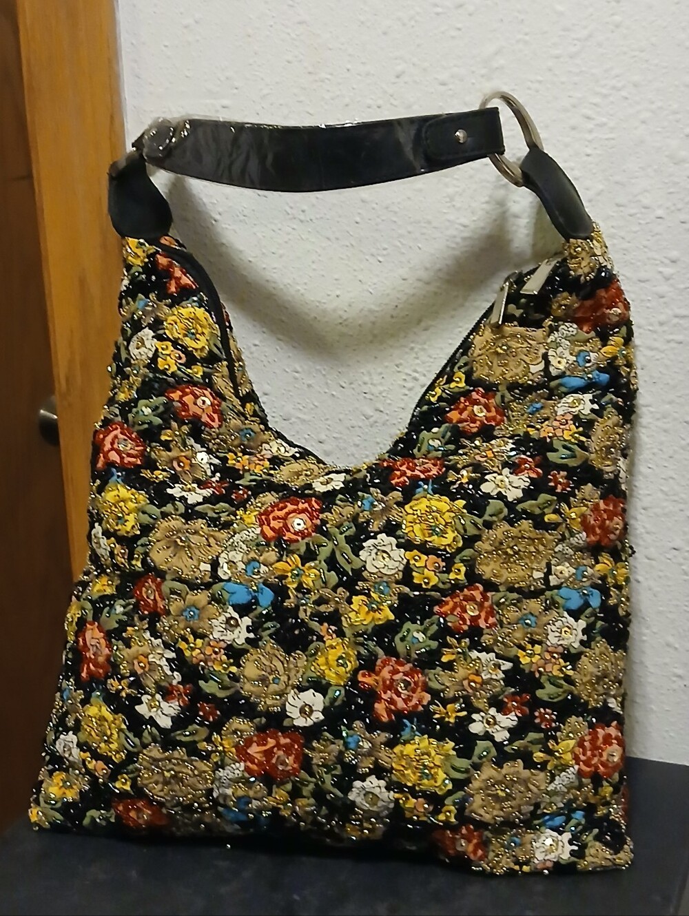 Floral Beaded Sequin Embellished Hobo Shoulder Bag Multicolor
